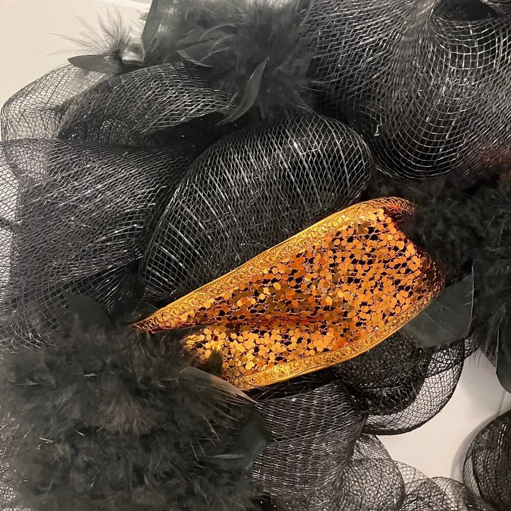 Halloween Feather Deco Mesh Wreath Black Orange Glitter Ribbon Large Big
